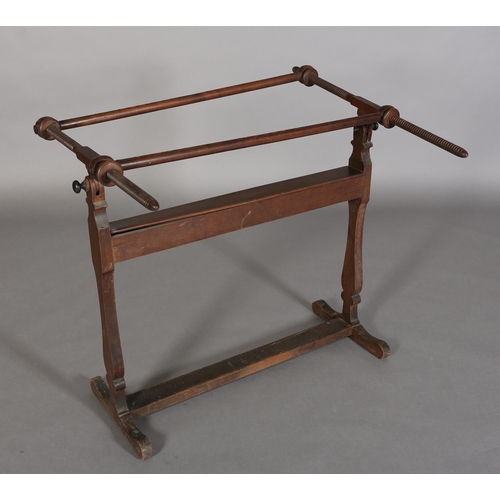 371 - A 19TH CENTURY MAHOGANY TAPESTRY LOOM with screw turned uprights, box stretcher and platform stretch... 