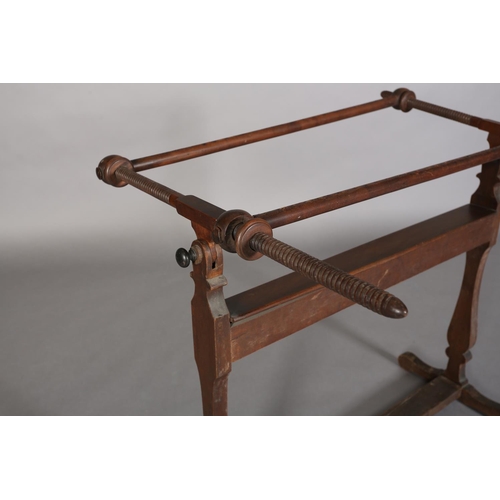 371 - A 19TH CENTURY MAHOGANY TAPESTRY LOOM with screw turned uprights, box stretcher and platform stretch... 