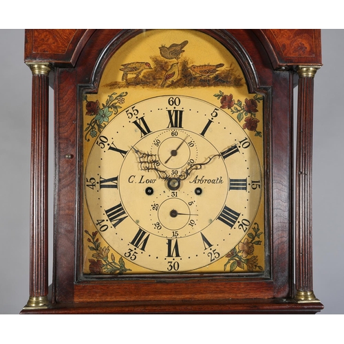 128 - AN 18TH CENTURY MAHOGANY AND WALNUT VENEER LONGCASE CLOCK BY C LOW OF ARBROATH, having a 30.5cm pain... 