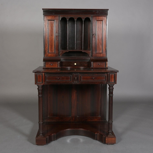 333 - A MID 19TH CENTURY ROSEWOOD SECRETAIRE having an open compartment with four slender turned spindles ... 