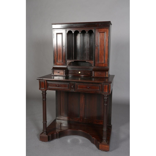 333 - A MID 19TH CENTURY ROSEWOOD SECRETAIRE having an open compartment with four slender turned spindles ... 