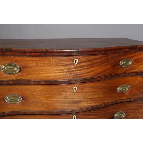 344 - AN 18TH CENTURY MAHOGANY SERPENTINE FRONTED CHEST of four long graduated drawers with oval brass bac... 