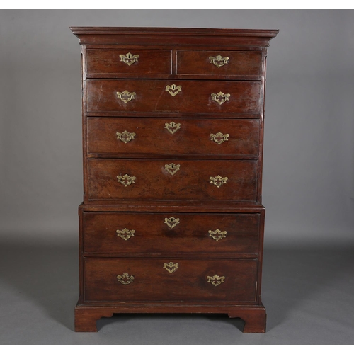 345 - AN 18TH CENTURY MAHOGANY CHEST ON CHEST, having a moulded cornice above two short and three long gra... 