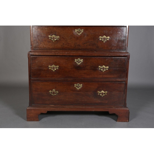 345 - AN 18TH CENTURY MAHOGANY CHEST ON CHEST, having a moulded cornice above two short and three long gra... 