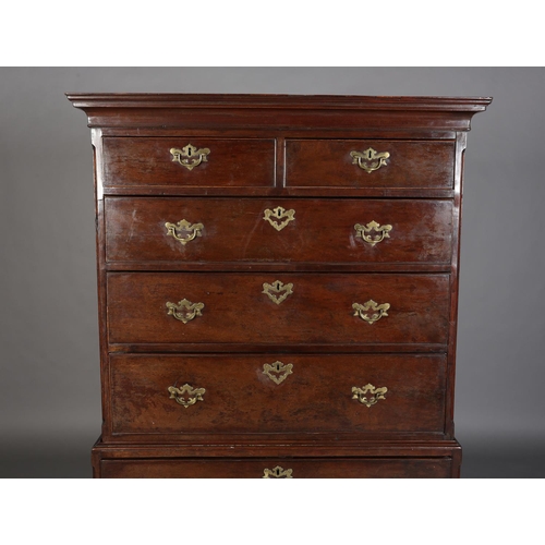 345 - AN 18TH CENTURY MAHOGANY CHEST ON CHEST, having a moulded cornice above two short and three long gra... 