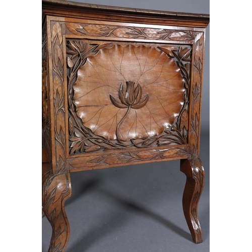 324 - A LATE 19TH CENTURY ANGLO-INDIAN WALNUT SIDEBOARD AND PAIR OF SINGLE CHAIRS, all-over carved in low ... 