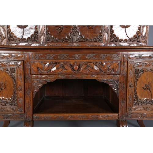 324 - A LATE 19TH CENTURY ANGLO-INDIAN WALNUT SIDEBOARD AND PAIR OF SINGLE CHAIRS, all-over carved in low ... 