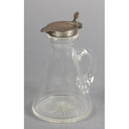 215 - A GEORGE V SILVER TOPPED GLASS WHISKEY NOGGIN, Birmingham 1915 for Hukin & Heath Ltd, conical with s... 