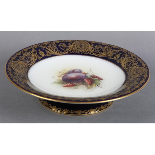 162 - A ROYAL WORCESTER TAZZA hand painted with plums and raspberries to the centre and signed R Sebright ... 