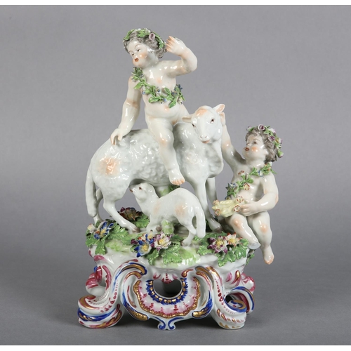 163 - A 19TH CENTURY PORCELAIN FIGURE GROUP OF BACCHUS, atop a sheep with suckling lamb together with anot... 