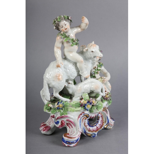 163 - A 19TH CENTURY PORCELAIN FIGURE GROUP OF BACCHUS, atop a sheep with suckling lamb together with anot... 