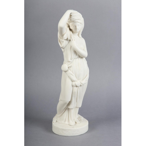 153 - A MID 19TH CENTURY PARIAN FEMALE FIGURE EMBLEMATIC OF AUTUMN raised on a circular base, unmarked, 34... 