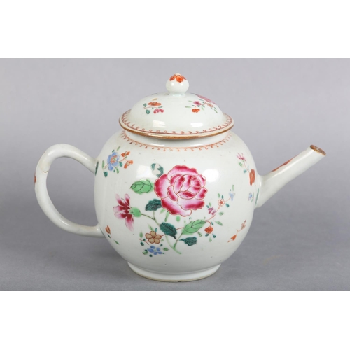 173 - AN 18TH CENTURY CHINESE PORCELAIN FAMILLE ROSE TEAPOT of globular form, the domed lid with bud finia... 