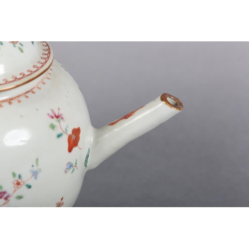 173 - AN 18TH CENTURY CHINESE PORCELAIN FAMILLE ROSE TEAPOT of globular form, the domed lid with bud finia... 