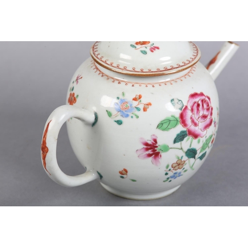 173 - AN 18TH CENTURY CHINESE PORCELAIN FAMILLE ROSE TEAPOT of globular form, the domed lid with bud finia... 