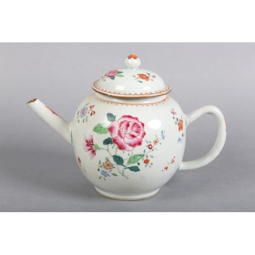 173 - AN 18TH CENTURY CHINESE PORCELAIN FAMILLE ROSE TEAPOT of globular form, the domed lid with bud finia... 