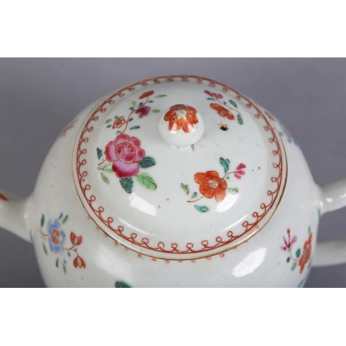 173 - AN 18TH CENTURY CHINESE PORCELAIN FAMILLE ROSE TEAPOT of globular form, the domed lid with bud finia... 