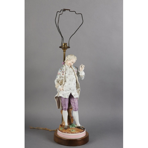 168 - A LATE 19TH CENTURY GERMAN PORCELAIN FIGURE OF A GENTLEMAN IN ELEGANT DRESS, proffering a string of ... 