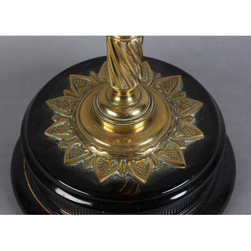 99 - A VICTORIAN BRASS OIL LAMP NO 2 BY WRIGHT & BUTLER, Birmingham, having a writhen and knopped pedesta... 