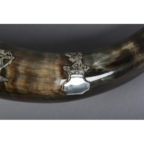 182 - AN EDWARD VII SILVER PLATE MOUNTED HUNTING HORN, with applied figure of an archer and a stag mounted... 