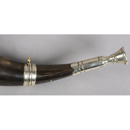 182 - AN EDWARD VII SILVER PLATE MOUNTED HUNTING HORN, with applied figure of an archer and a stag mounted... 