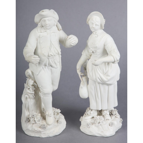 148 - A PAIR OF DERBY BISCUIT PORCELAIN FIGURES 'THE HAYMAKERS' c.1760, a country man and a girl with boca... 