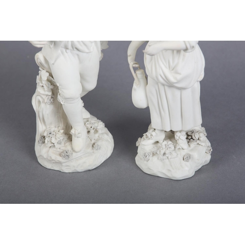 148 - A PAIR OF DERBY BISCUIT PORCELAIN FIGURES 'THE HAYMAKERS' c.1760, a country man and a girl with boca... 