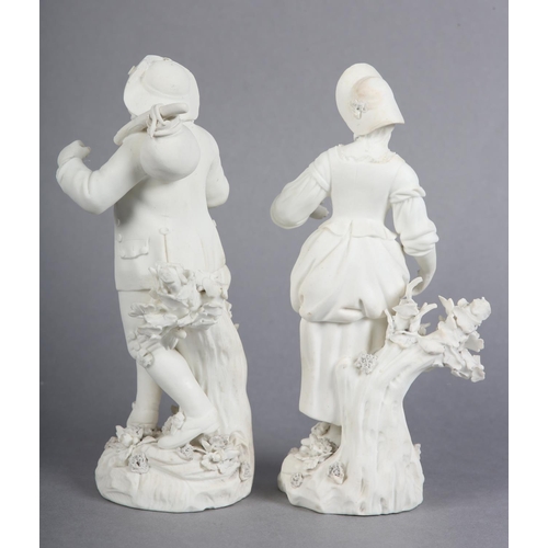 148 - A PAIR OF DERBY BISCUIT PORCELAIN FIGURES 'THE HAYMAKERS' c.1760, a country man and a girl with boca... 