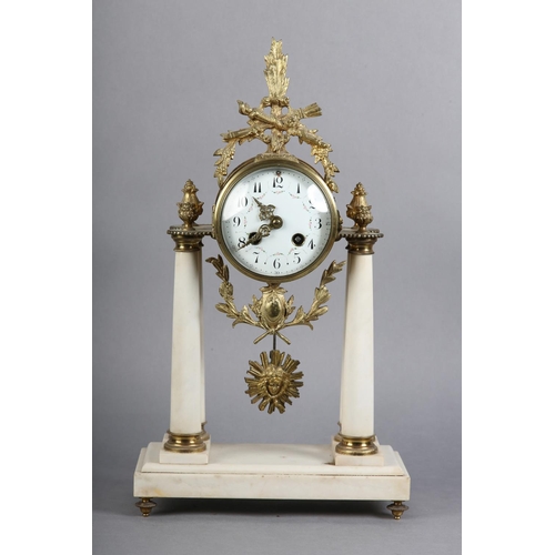 133 - A 19TH CENTURY FRENCH WHITE MARBLE AND ORMOLU MANTEL CLOCK, the white enamel dial having black Arabi... 