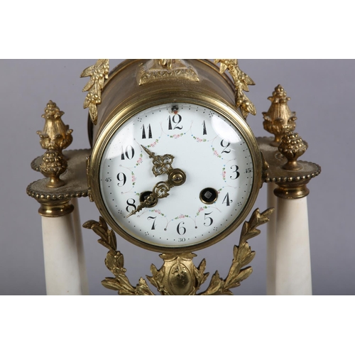 133 - A 19TH CENTURY FRENCH WHITE MARBLE AND ORMOLU MANTEL CLOCK, the white enamel dial having black Arabi... 