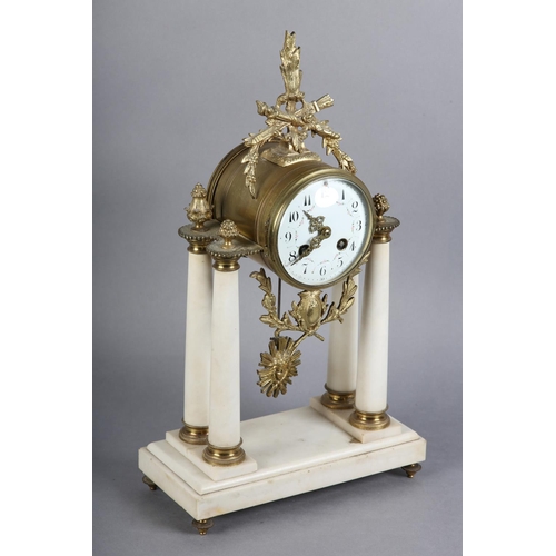 133 - A 19TH CENTURY FRENCH WHITE MARBLE AND ORMOLU MANTEL CLOCK, the white enamel dial having black Arabi... 