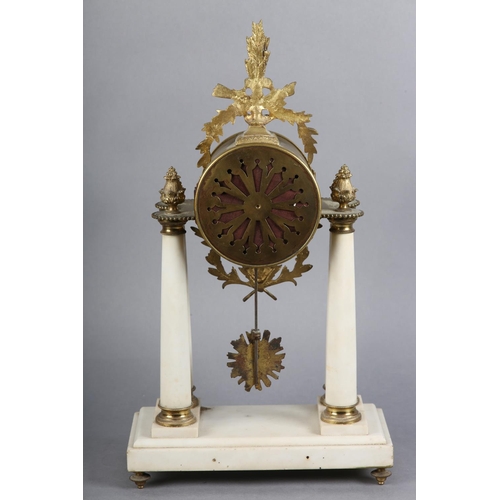 133 - A 19TH CENTURY FRENCH WHITE MARBLE AND ORMOLU MANTEL CLOCK, the white enamel dial having black Arabi... 