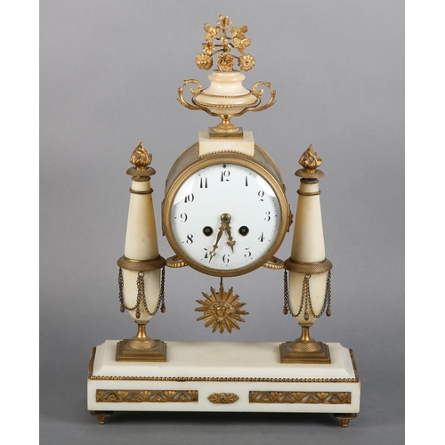 134 - A 19TH CENTURY FRENCH WHITE MARBLE AND ORMOLU MANTEL CLOCK, having a white enamel dial with black Ar... 