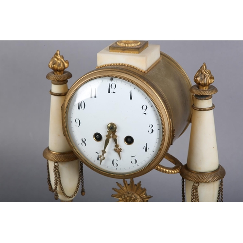 134 - A 19TH CENTURY FRENCH WHITE MARBLE AND ORMOLU MANTEL CLOCK, having a white enamel dial with black Ar... 