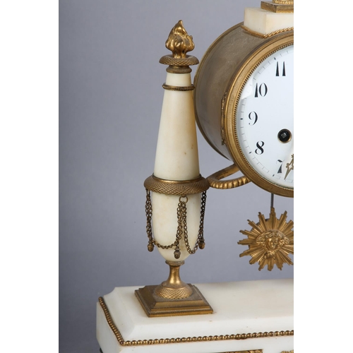 134 - A 19TH CENTURY FRENCH WHITE MARBLE AND ORMOLU MANTEL CLOCK, having a white enamel dial with black Ar... 