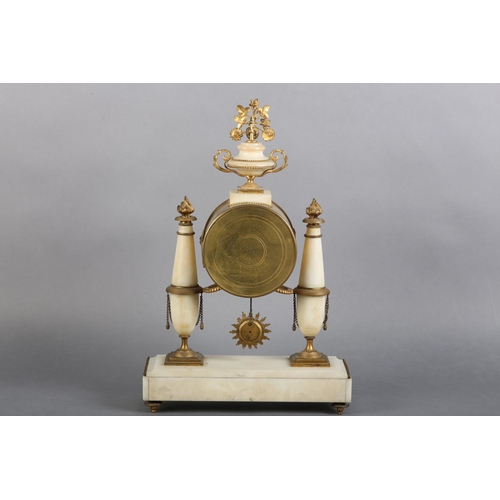 134 - A 19TH CENTURY FRENCH WHITE MARBLE AND ORMOLU MANTEL CLOCK, having a white enamel dial with black Ar... 