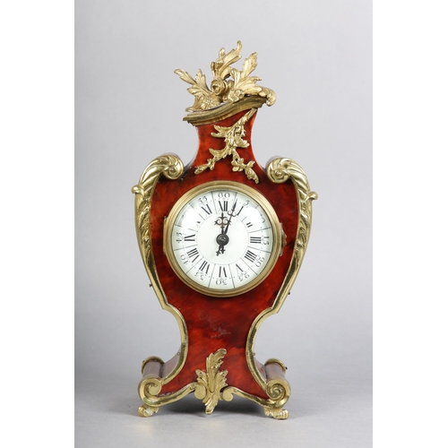 136 - A LATE 19TH CENTURY FRENCH FAUX TORTOISESHELL AND ORMOLU BOULLE MANTEL CLOCK , white enamel dial wit... 