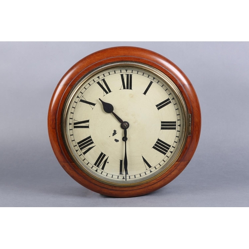 140 - A 19TH CENTURY ENGLISH MAHOGANY WALL CLOCK, circular, having painted dial with black Roman numerals ... 