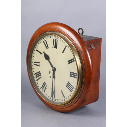 140 - A 19TH CENTURY ENGLISH MAHOGANY WALL CLOCK, circular, having painted dial with black Roman numerals ... 