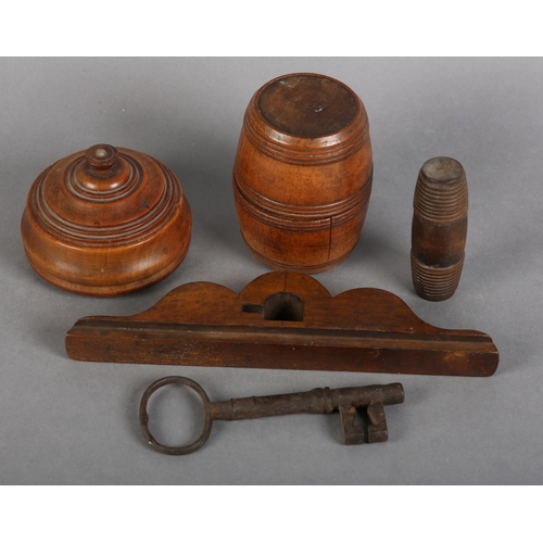 113 - A 19TH CENTURY TURNED FRUITWOOD BARREL-SHAPE BOX AND COVER, 9.5cm high, a turned bowl and cover, 6cm... 