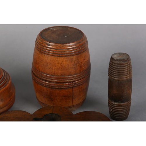 113 - A 19TH CENTURY TURNED FRUITWOOD BARREL-SHAPE BOX AND COVER, 9.5cm high, a turned bowl and cover, 6cm... 