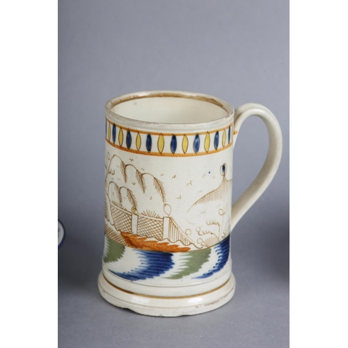 158 - AN 18TH CENTURY CREAMWARE MUG painted in orchre, blue, green and brown with a chinoiserie riverside ... 