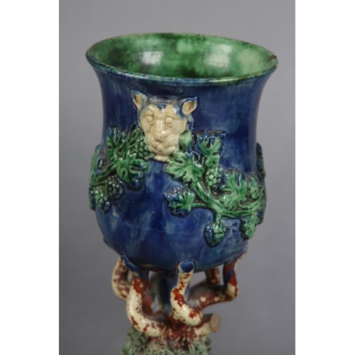 170 - A PAIR OF 19TH CENTURY MAJOLICA WINE GOBLETS c.1880, the bowls applied with lion masks and garlands ... 