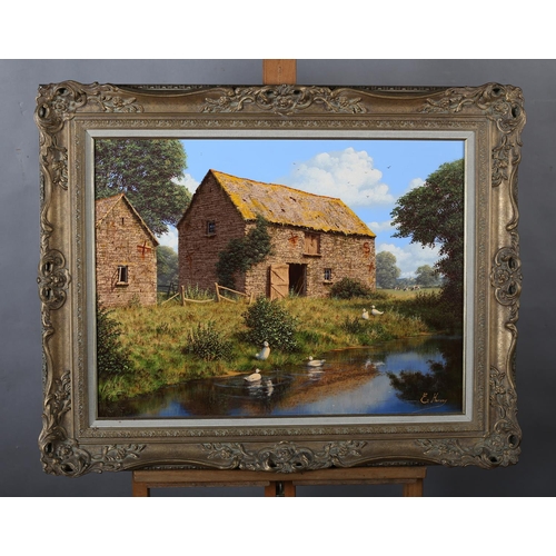 273 - ARR EDWARD HERSEY (b.1948), Ducks in the Stream by the Barn, acrylic on canvas, signed to lower righ... 