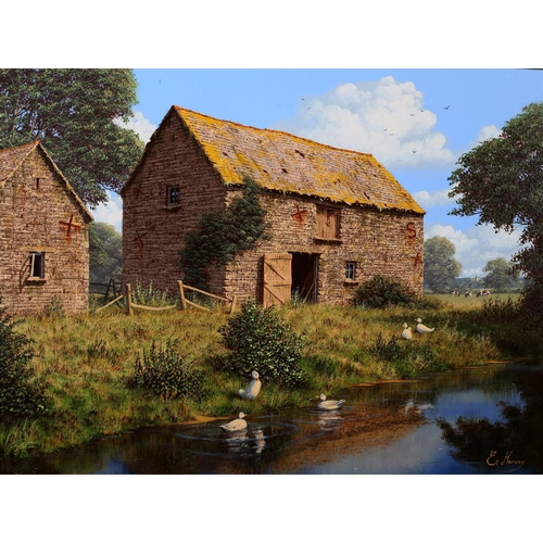 273 - ARR EDWARD HERSEY (b.1948), Ducks in the Stream by the Barn, acrylic on canvas, signed to lower righ... 