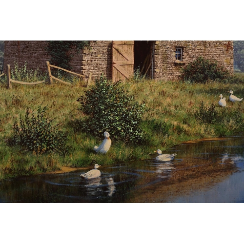 273 - ARR EDWARD HERSEY (b.1948), Ducks in the Stream by the Barn, acrylic on canvas, signed to lower righ... 