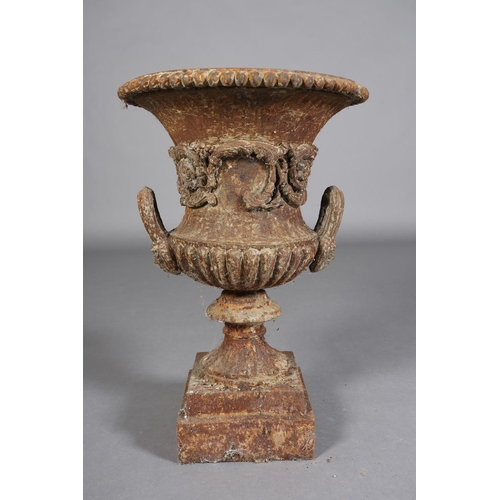 82 - A VICTORIAN CAST IRON GARDEN URN of two-handled campagna shape with band of scrolling flower and fol... 