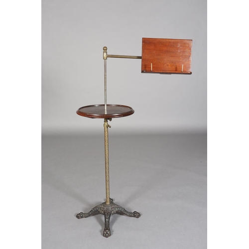 370 - A VICTORIAN MAHOGANY AND CAST IRON LECTERN on an adjustable arm and pedestal with circular table, on... 