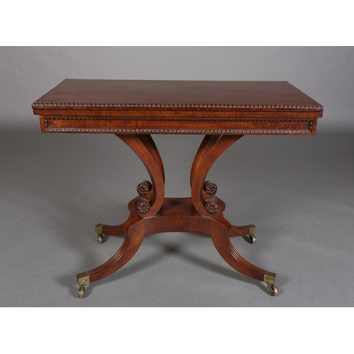 346 - A MID 19TH CENTURY MAHOGANY TEA TABLE, rectangular fold over top with egg and dart rim, on four scro... 