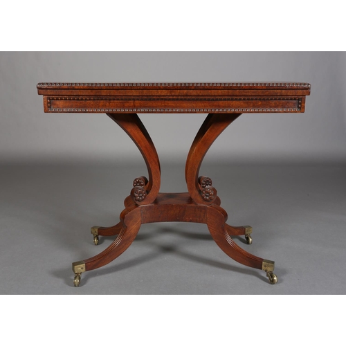 346 - A MID 19TH CENTURY MAHOGANY TEA TABLE, rectangular fold over top with egg and dart rim, on four scro... 